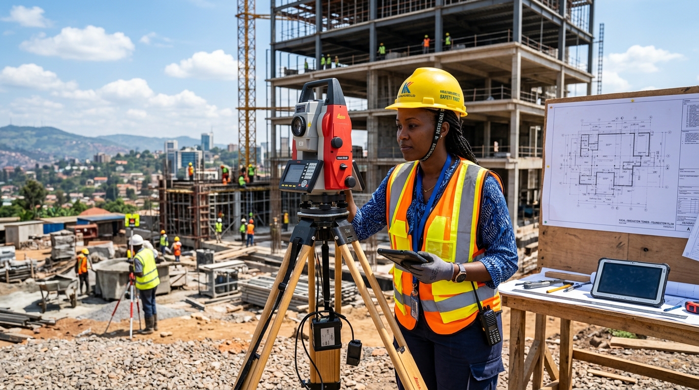Civil engineer measuring construction site in Rwanda